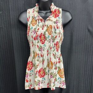 Cynthia Rowley Red Floral Design on Cream Smocked Ruffled Sleevless Blouse Small